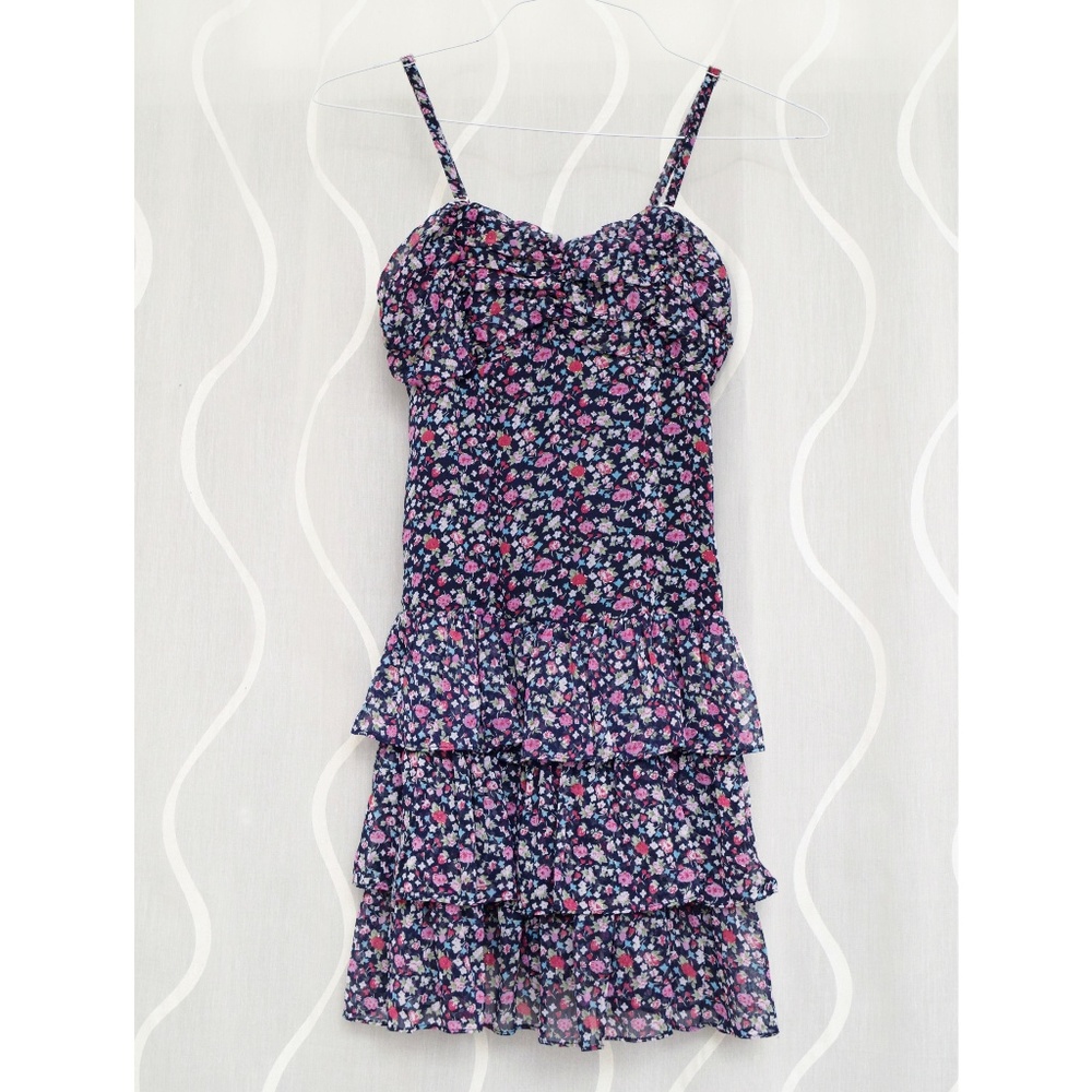 NEW EXPRESS Navy Blue Floral Ruffle Tier Sun Dress | Size XS